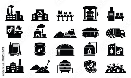 Industrial process and waste management icon collection illustrating manufacturing, recycling, energy production, and environmental protection concepts for various business and educational