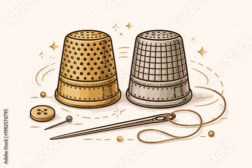 Vintage Thimble Set with Gold and Silver Metal Thimbles, Sewing Needle with Thread, Button and Pin for Tailoring and Embroidery, Hand Drawn Vector Illustration for Craft and Hobby Projects.