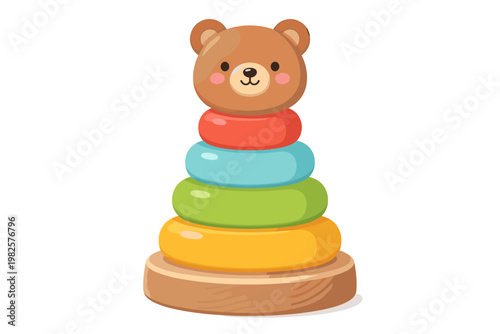 Cute Wooden Stacking Toy for Toddlers with a Brown Bear Head and Colorful Rings, Educational Pyramid Game for Preschool Kids, Nursery Decor, and Early Childhood Development Vector Illustration