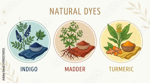 Natural Plant Based Dyes Indigo Madder and Turmeric Illustration Set