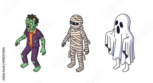 Set of Three Isometric Halloween Monsters Including Zombie Mummy and Ghost.