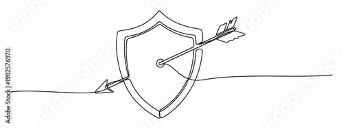 Continuous one line drawing of a shield being pierced by an arrow representing concepts of overcoming obstacles, vulnerability, and breaking through defenses for various business and