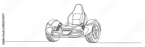 Continuous line drawing of a futuristic single seat open wheeled vehicle perfect for automotive concepts racing sport and personal mobility transportation design projects