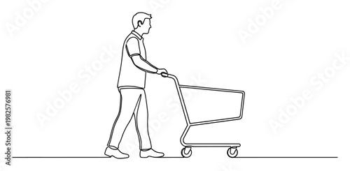 Simple continuous line drawing of a person pushing an empty shopping cart, perfect for retail advertisements, supermarket promotions, or consumer behavior topics.