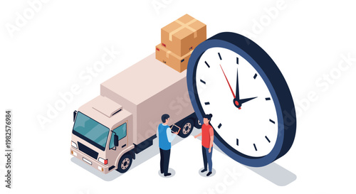 Logistics team manages delivery schedule using a truck and large clock to ensure timely transport of cardboard packages.