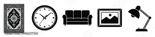 Set of basic home furniture and decor icons featuring a decorative rug, wall clock, threeseater sofa, framed picture, and table lamp for various interior styling applications.