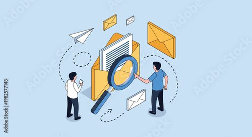 Team of specialists uses a magnifying glass to inspect digital mail envelopes for email marketing and data privacy checks.