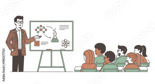Teacher explaining chemistry to students.