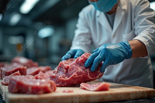 Food Safety Meat Preparation in Processing Facility with Worker in Protective Gear
