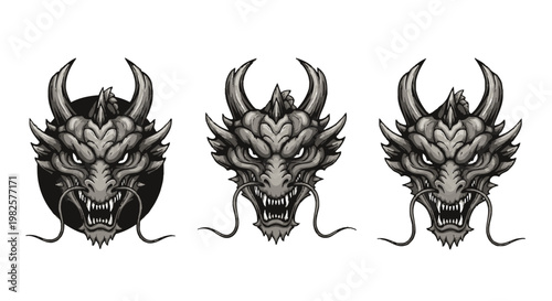 Three dragon heads with horns.