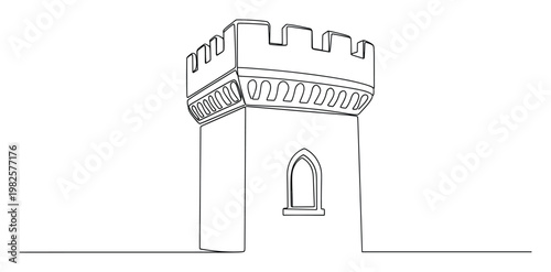 Continuous line drawing of a medieval castle tower with battlements and an arched window, perfect for historical architectural design projects and simple graphic resource applications.
