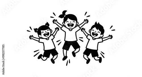 Three Happy Children Jumping Joyfully Together.