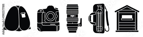 Essential gear collection for outdoor nature and wildlife photography expeditions, perfect for educational materials, visual graphics, and documentary project presentations.