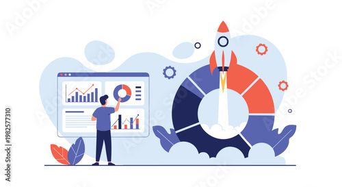 Performance tracking for startups involves analyzing data charts on a screen next to a launching rocket representing success.
