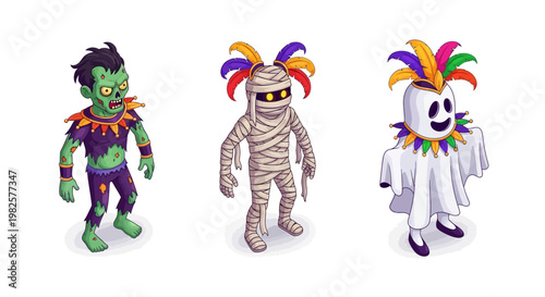 Cartoon Zombie Mummy and Ghost Characters Wearing Colorful Carnival Headdresses.