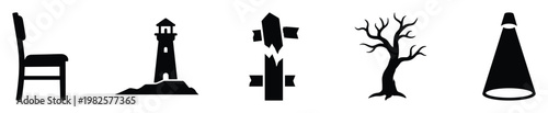 Striking black silhouettes depicting a classic chair a guiding lighthouse a rustic signpost a barren tree and a focused spotlight ideal for graphic design web elements and diverse visual
