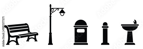 Public park and street furniture silhouettes including a bench street lamp trash can bollard and drinking water fountain for urban planning landscape architectural projects