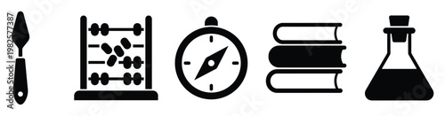 Collection of educational and creative pursuit icons featuring a palette knife abacus compass books and a chemical flask for various academic and exploration themes