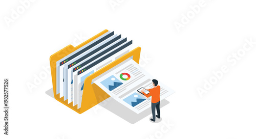 Data management and filing system concept features a person organizing digital documents into a large yellow file folder.