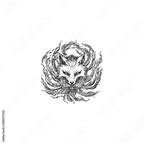 vintage engraving style illustration of a mystical nine tailed fox head surrounded by swirling tails and flames