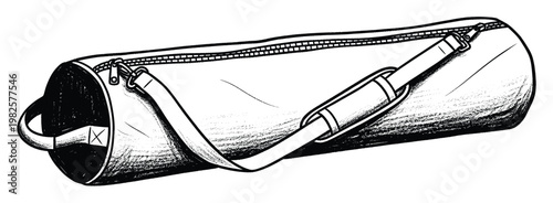Stylized monochrome sketch of a cylindrical duffel bag with a zippered top and an adjustable shoulder strap perfect for travel and gym advertising