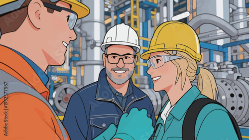 Three Workers Discussing in Industrial Setting