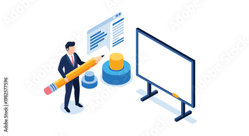 Business trainer uses a large pencil and a whiteboard to explain complex data charts and educational concepts to a team.