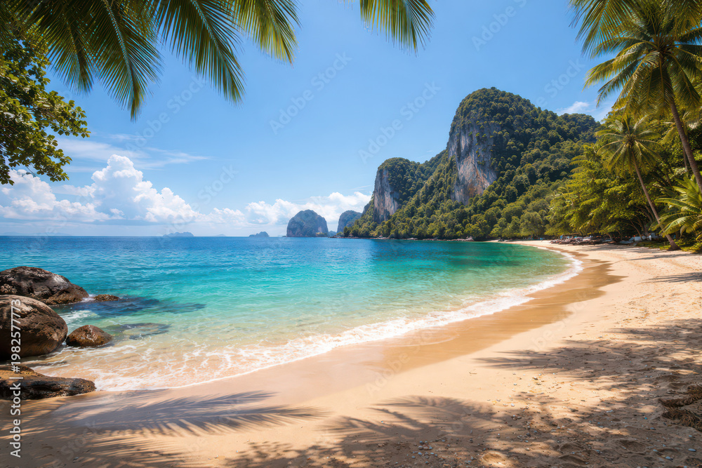 Fototapeta premium A serene beach with clear water and lush greenery under a blue sky.
