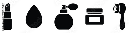 Comprehensive group of cosmetic and personal hygiene product symbols representing lipstick, perfume, sponge, cream, and brush ideal for spa, wellness, and beauty business marketing