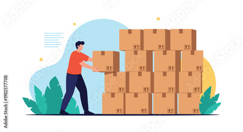 Logistics worker organizes a large stack of cardboard boxes in a warehouse setting for shipping or storage purposes.