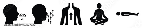 Human breathing and relaxation icons representing respiratory system processes, meditation, and various resting positions for health and wellness applications