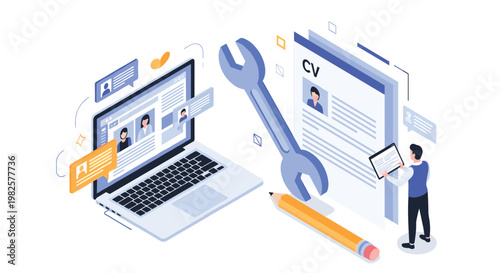 Technical recruitment and job search concept shows a laptop, a large wrench, and a person reviewing candidate resumes.