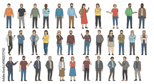 Diverse group of stylized people in casual and professional attire standing in rows.