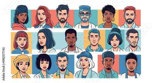 Diverse collection of stylized human character portraits and avatar icons.
