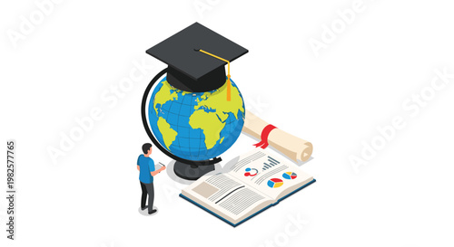 International graduation and higher education concept features a globe wearing a mortarboard next to an open textbook.