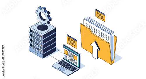 Data migration and server backup process involves connecting a laptop to server racks and uploading files to a folder.