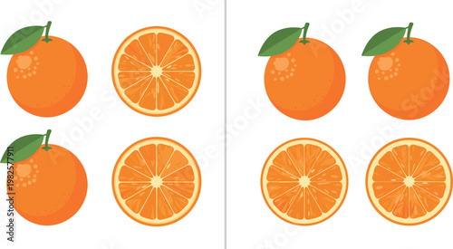 Fresh Oranges and Slices Illustration, Whole Fruit and Sliced Halves with Orange Color and Green Leaves for Food, Fruit, and Healthy Lifestyle Designs