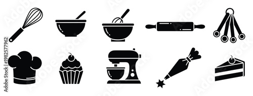 Comprehensive collection of baking and pastrymaking essentials like whisks, mixers, rolling pins, and chef hats, suitable for culinary instructional materials, cooking school promotions,