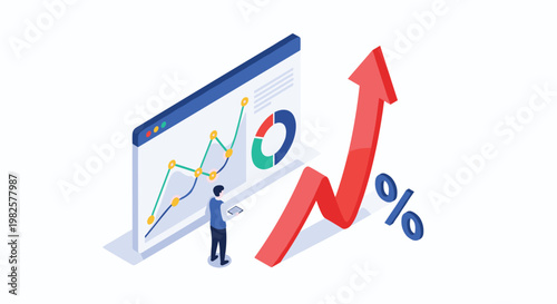 Financial analyst tracking market performance and percentage growth through data visualization on an interactive business dashboard.