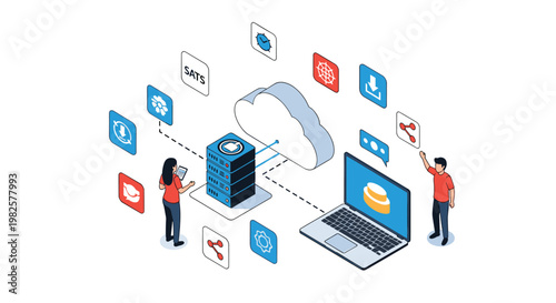 Network engineers managing cloud computing services and server connectivity with various software application icons in a tech scene.