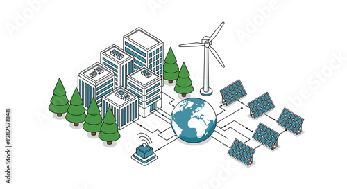Sustainable smart city powered by renewable energy sources including wind turbines and solar panels connected to a global network.