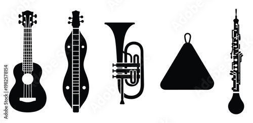 Assorted musical instruments in silhouette form featuring string, brass, and percussion instruments suitable for music school branding, educational posters, and creative media applications.