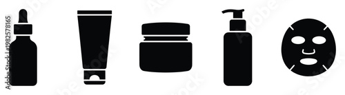 Diverse set of essential skincare and cosmetic containers including a dropper bottle, squeeze tube, cream jar, pump dispenser, and a relaxing facial sheet mask.