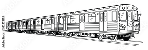 Detailed black and white outline of a multicar subway train on tracks, perfect for public transportation projects, urban planning, educational resources, and city life graphics.