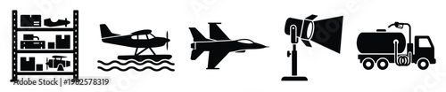 Warehouse storage, seaplane, fighter jet, studio spotlight, and fuel truck icons, ideal for illustrating logistics, aviation, energy, and production concepts in professional graphics.