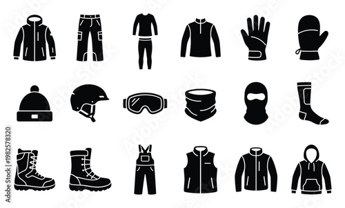 Essential winter sports and outdoor adventure apparel and gear icons including jackets pants thermal wear helmets goggles gloves and boots perfect for web applications