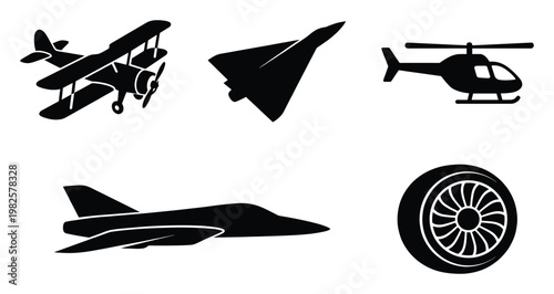 Black silhouette icons of a biplane, jet aircraft, helicopter, paper plane, and a car wheel, useful for designs related to travel, aviation, and transportation projects.