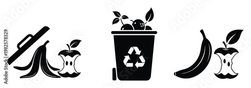 Vector icon set illustrating organic waste for composting and recycling bins, perfect for environmental awareness campaigns, sustainable living education, and waste management services.