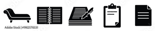 Collection of black glyph icons for therapy, office administration, and documentation, including a couch, notebook, writing materials, clipboard, and file, great for professional content.