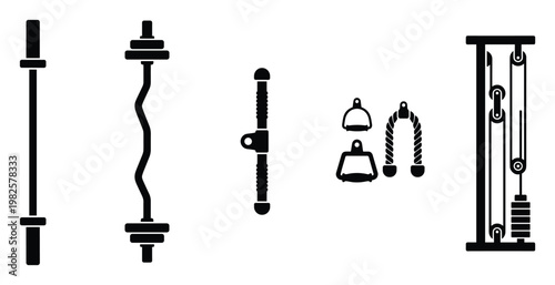 Essential gym equipment and strength training accessories, including barbells and cable attachments, ideal for fitness and exerciserelated promotional materials and workout guides